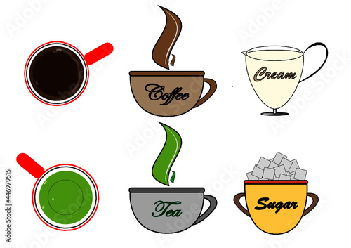 Tea, coffee, sugar, cream. Logo for a cafe, restaurant, bar. Menu items. Stickers. Designations.