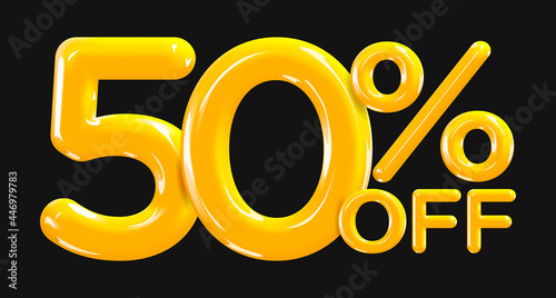 50 percent Off. Discount creative composition of golden or yellow balloons. 3d mega sale or fifty percent bonus symbol on black background. Sale banner and poster. Vector illustration.