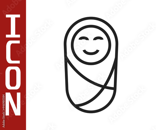 Black line Newborn baby infant swaddled or swaddling icon isolated on white background. Baby kid child wrapped in blanket clothes. Vector