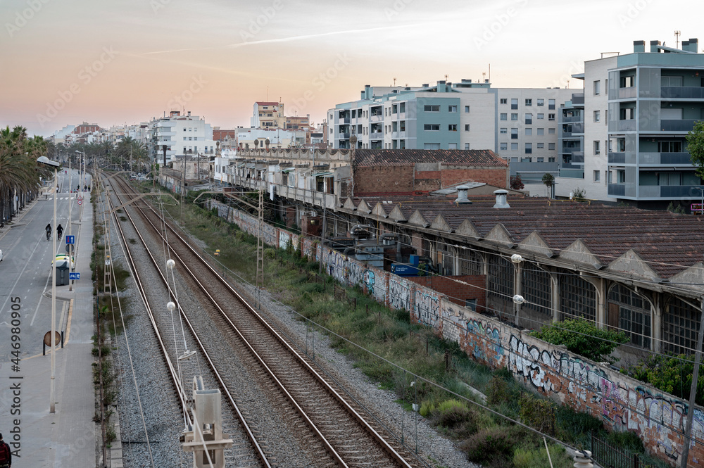Barcelona, ​​Spain; April 25, 2021: Cityscape of train tracks on the outskirts