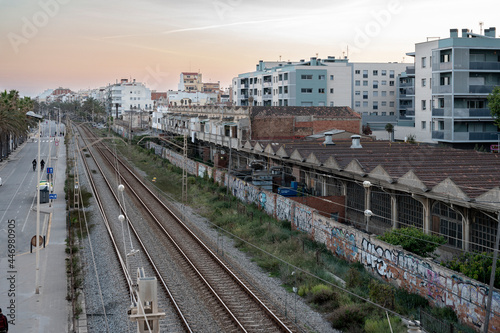 Barcelona, ​​Spain; April 25, 2021: Cityscape of train tracks on the outskirts