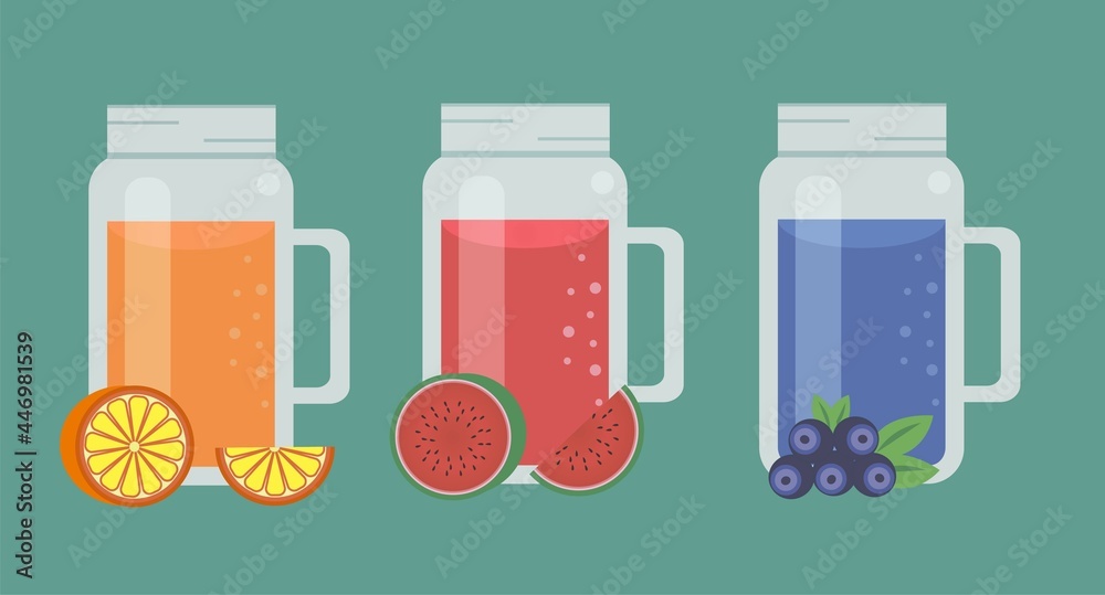 Set of mason jar with fruit juice,lemonade,fresh,smoothie. Summer drink flat illustration. Set of mason jar with fruit juice,lemonade,fresh,smoothie. Summer drink flat illustration.