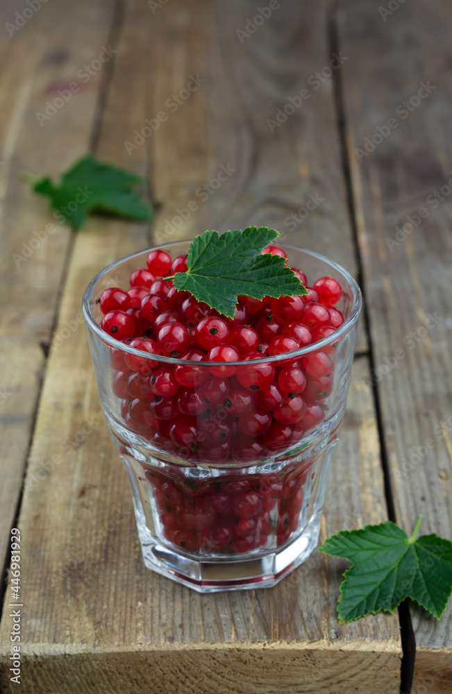 Red currant in a glass on wooden background Red currant in a glass on wooden background