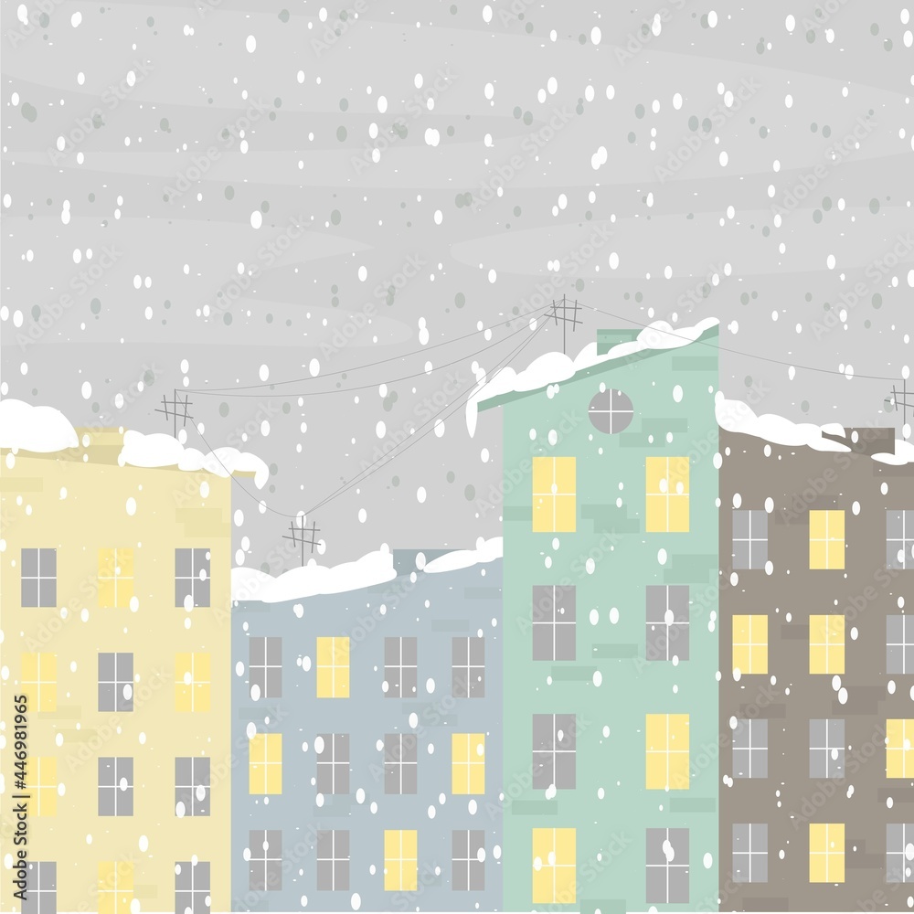 Colorful cartoon houses. Vector flat design illustration. Winter city illustration for your design.