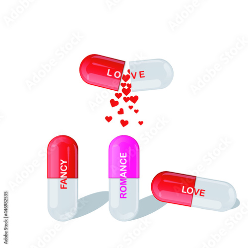 capsules for love, romance, heart falling from red capsule vector design on white background