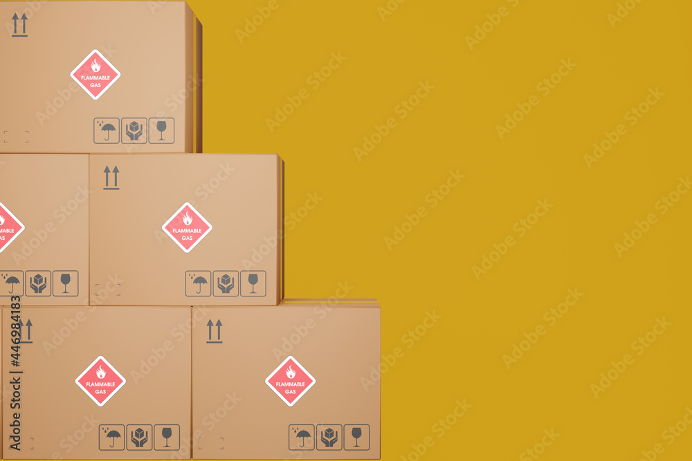 Dangerous goods, cardboard boxes with markings Flammable Gas on a