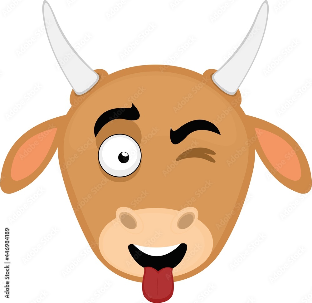 Vector emoticon illustration of a cartoon cow's face with a happy expression, winking and with its tongue out - obrazy, fototapety, plakaty 