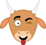 Vector emoticon illustration of a cartoon cow's face with a happy expression, winking and with its tongue out
