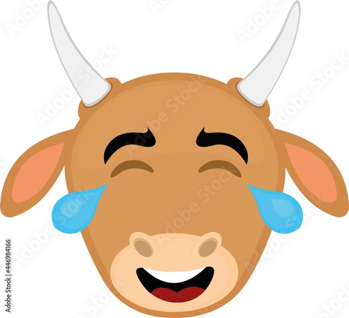 Vector emoticon illustration of a cartoon cow's face with an expression of laughter and tears of joy
