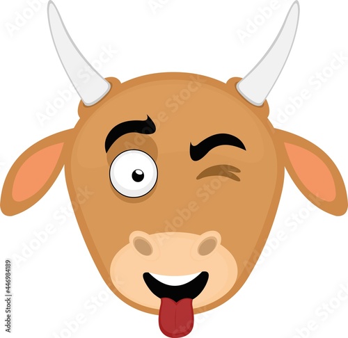 Vector emoticon illustration of a cartoon cow's face with a happy expression, winking and with its tongue out