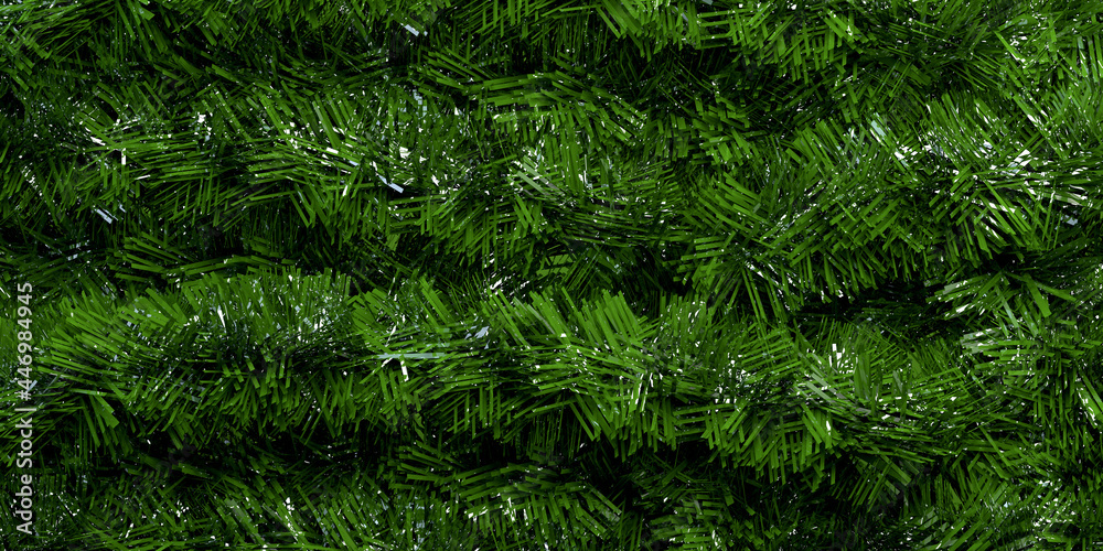 Green christmas tinsel background. 3d illustration. Banner.
