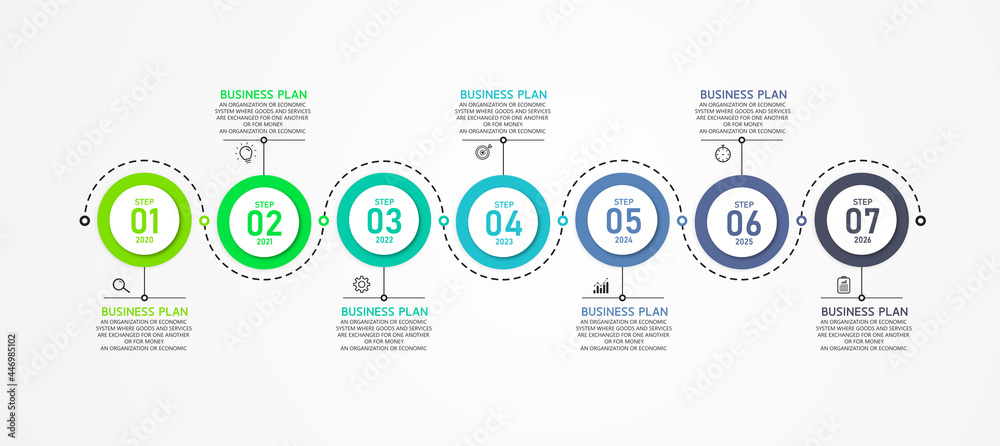 Infographic label template with 7 options or step icons. infographics for business ideas It can be used in education, flowcharts, presentations, websites, banners.