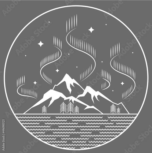 Illustration of simple line art landscape with mountains and water waves at night with northern lights in a circle frame