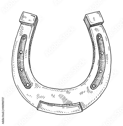 Horseshoe. Vintage hatching monochrome black illustration
