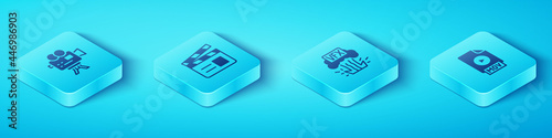 Set Isometric Retro cinema camera, Movie clapper, MOV file document and VFX icon. Vector