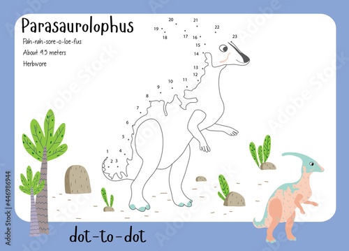 A dot by dot worksheet with dinosaur, name, facts and alphabet letter. Children's riddle.Coloring page for kids. Activity art game. Vector illustration. Set cards a-z dinosaur P. Parasaurolophus