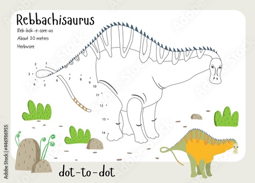 A dot by dot worksheet with dinosaur, name, facts and alphabet letter. Children's riddle.Coloring page for kids. Activity art game. Vector illustration. Set cards a-z dinosaur R. Rebbachisaurus photo