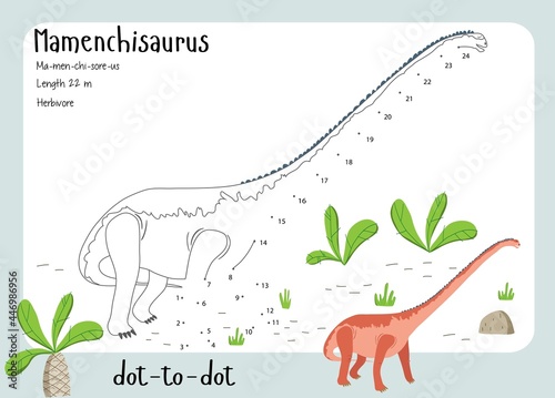 A dot by dot worksheet with dinosaur, name, facts and alphabet letter. Children's riddle.Coloring page for kids. Activity art game. Vector illustration. Set cards a-z dinosaur M. Mamenchisaurus