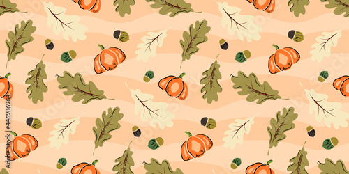 Pumpkin autumn seamless pattern print with leaves, Thanksgiving, harvest or Halloween seasonal background design