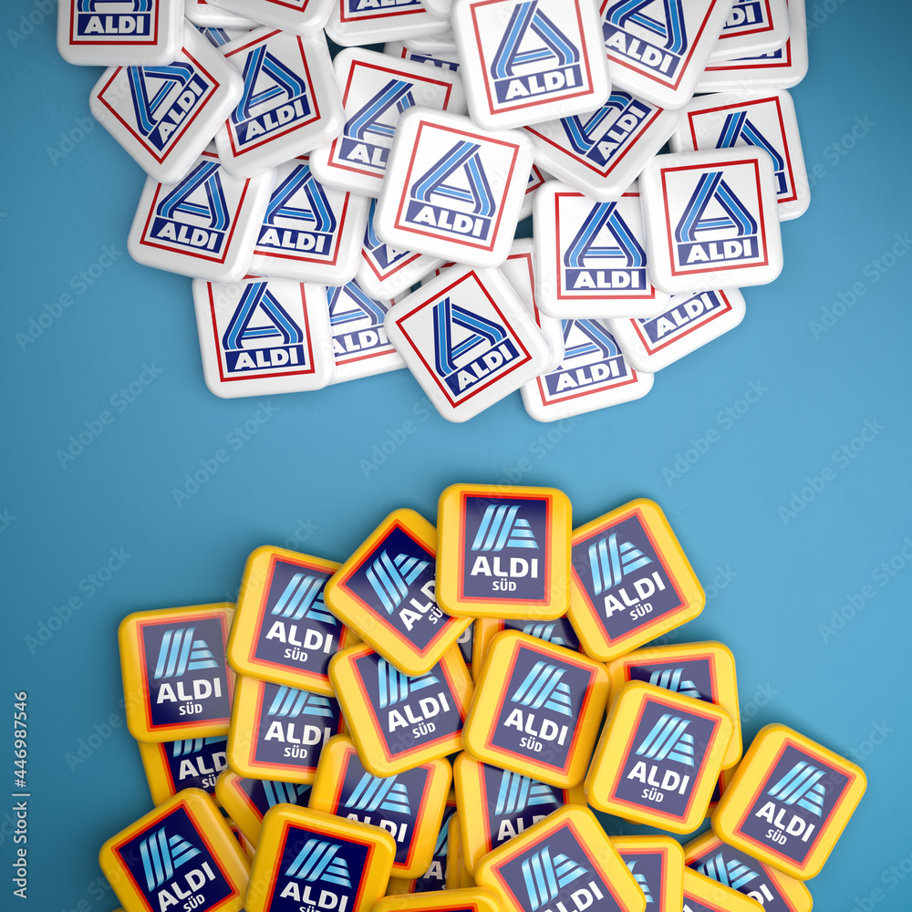 Logos of the German discount supermarket chains Aldi Nord (North