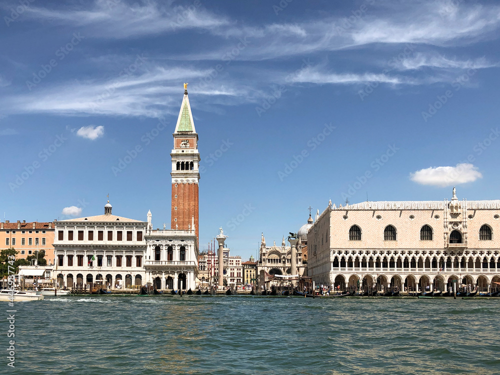 facade of Doges palace and St. Mark's square from seaside  in Venice, Italy.
