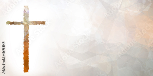 cross in rust, orange, beige, sage - polygons with white copy space, worship slide background with copy space for text like worship lyrics, scripture...
