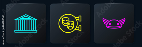 Set line Parthenon, Helmet with wings and Comedy and tragedy masks. Black square button. Vector