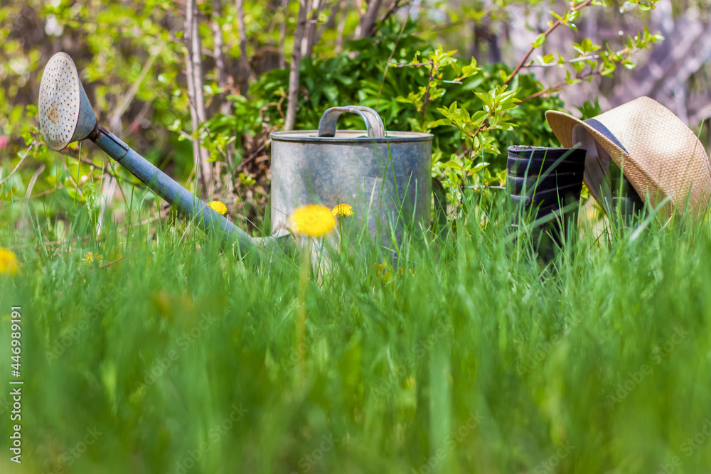 An old iron watering can, a hat, and rubber boots stand in the garden. Gardening and gardening, An old iron watering can, a hat, and rubber boots stand in the garden. Gardening and gardening,