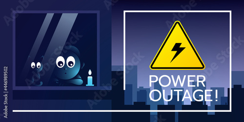 The web banner of a power outage with a warning sign in the background of the city without electricity also there is a kid with a cat in the window is staring eyes.