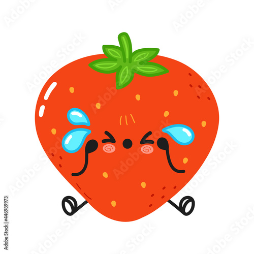 Cute sad and crying strawberry character. Vector hand drawn cartoon kawaii character illustration icon. Isolated on white background. Strawberry character concept