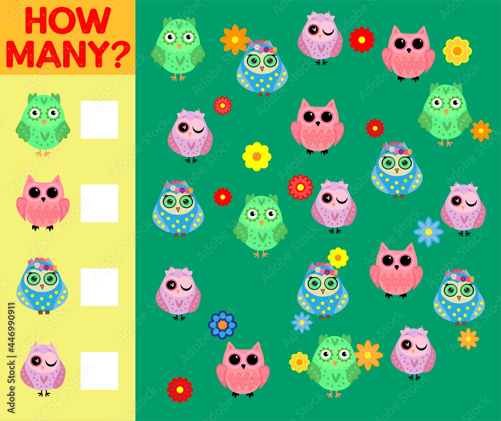 Cartoon Illustration of Educational Counting Activity Game for Children with Bird Characters