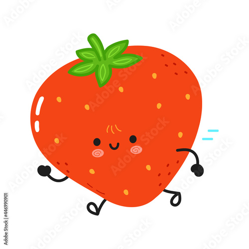 Cute funny running strawberry. Vector hand drawn cartoon kawaii character illustration icon. Isolated on white background. Running strawberry concept