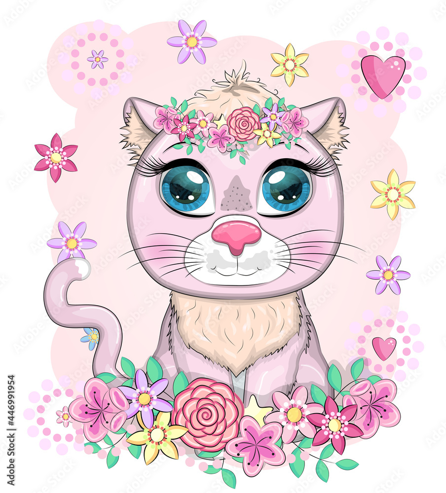 Cute cartoon pink cat, kitten on a background of flowers Cute cartoon pink cat, kitten on a background of flowers