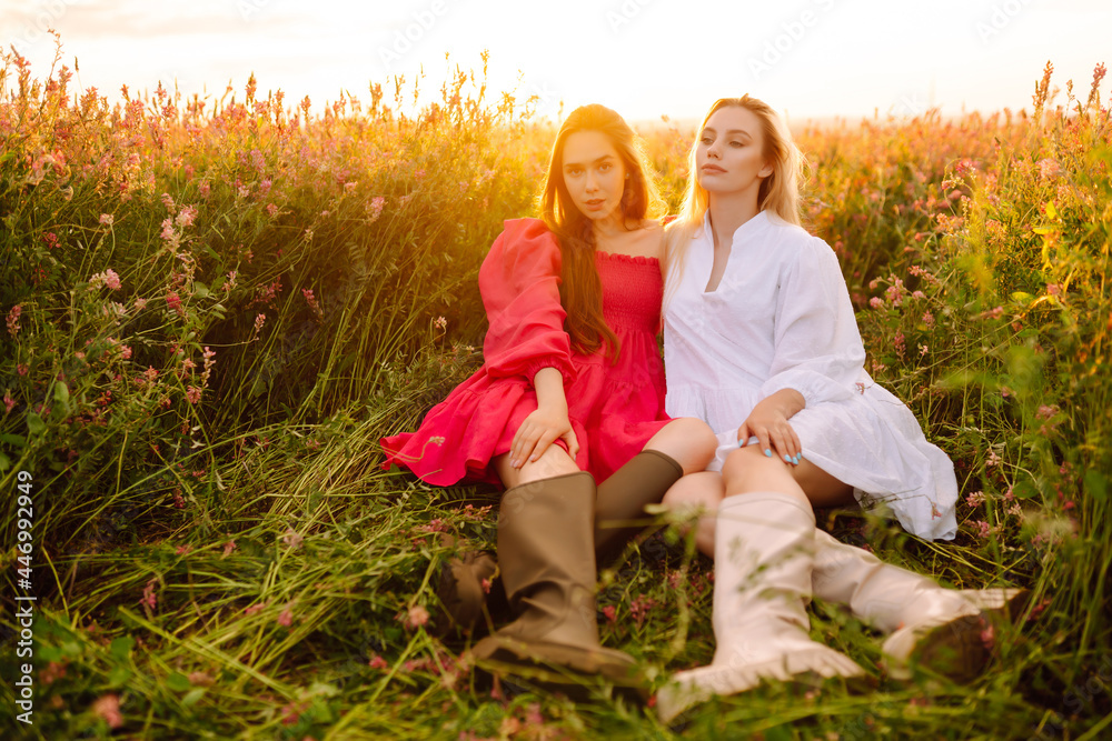 Fototapeta premium Portrait of two fair-haired girls in fashionable and stylish dresses in the blooming field. Nature, vacation, relax and lifestyle. Fashion concept.