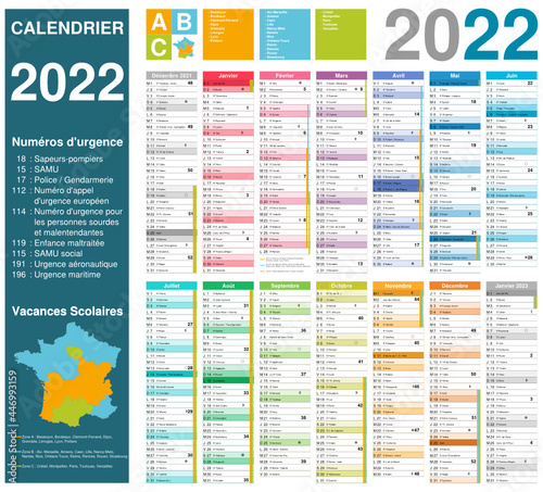 Calendrier 2022 14 mois avec vacances scolaires 2021-2022 et 2022-2023 officielles entièrement modifiable via calques et texte arial