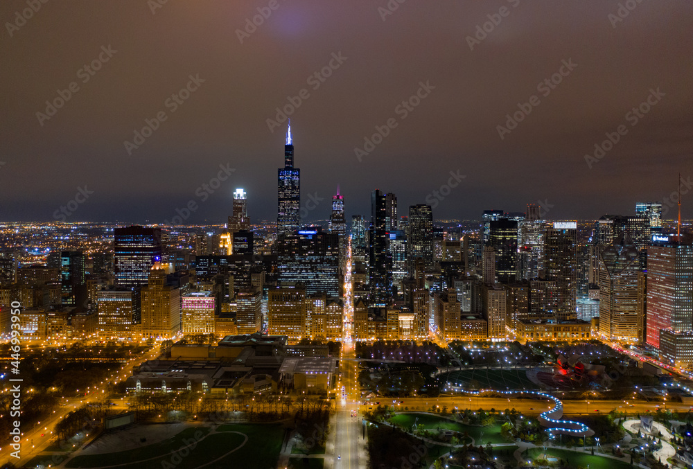 wide drone shot of downtown chicago skyline