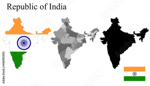 Set of maps of India with regions. Flag on the map. Silhouette of the card