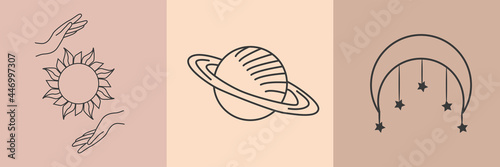 Celestial Magic illustration of icons and symbols of sun, moon, crystals, evil eye, witch hands.Set of Esoteric symbols, alchemy and witchcraft art.