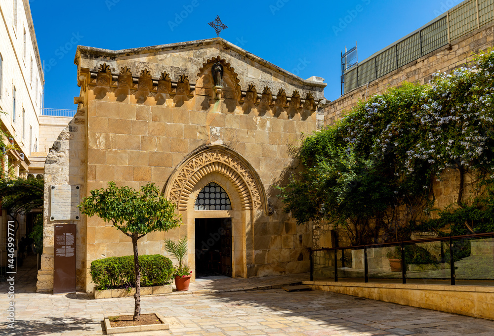 Medieval Church of the Flagellation at Via Dolorosa street in eastern Islamic quarter of Jerusalem Old City in Israel