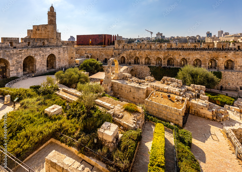 Inner courtyard, walls and archeological excavation site of Tower Of David citadel complex in Jerusalem Old City in Israel