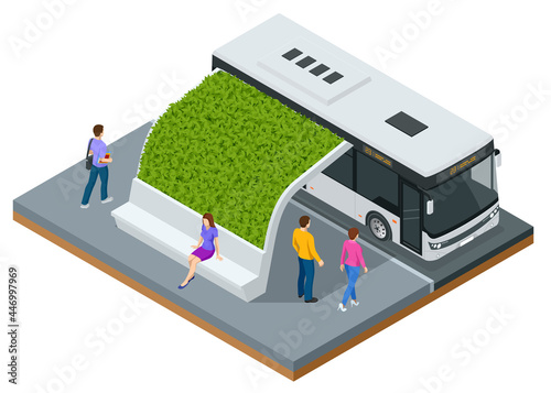 Isometric modern bus stop with lawns on the roof in the city eco park, roofs are covered with green grass.