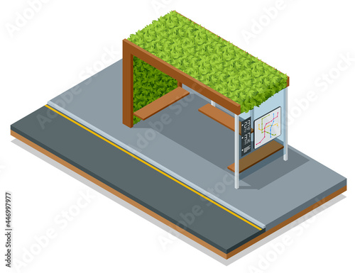 Isometric modern bus stop with lawns on the roof in the city eco park, roofs are covered with green grass.