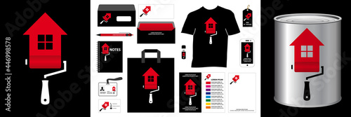 Logo rouge et blanc et une gamme d’objets, pot, sac, T-shirt, carnet, carte …, afin de donner une identité à votre entreprise de peinture.