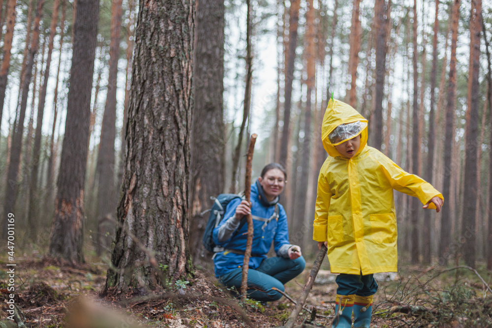 Mom and child walking in the forest after rain in raincoats together Mom and child walking in the forest after rain in raincoats together