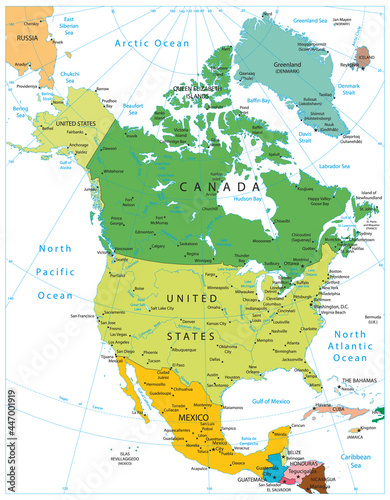 Obraz na plátně North America Political Map Isolated on white