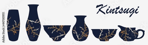 Renovated kintsugi japanese vase art color sketch engraving illustration. Kintsugi inscription