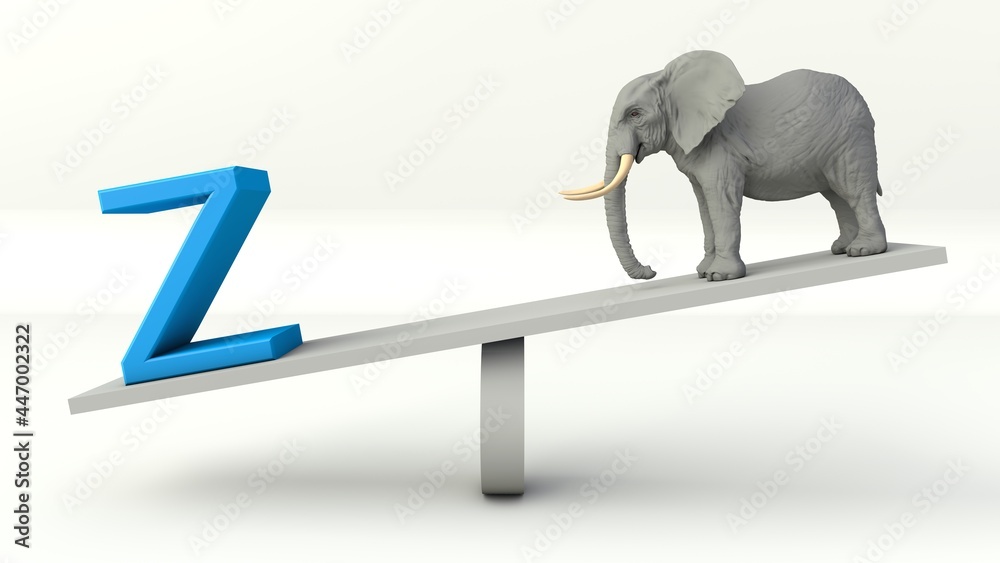 3D illustration of Balance Concept of the letter Z and an Elephant on a Seesaw 
