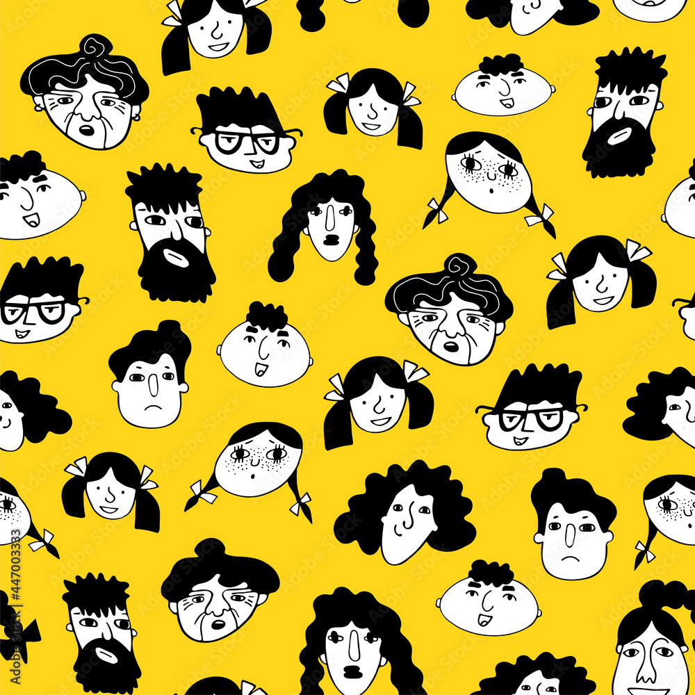 Fototapeta premium Colored seamless pattern with funny people faces in doodle graphics style on yellow background. Concept of love and friendship, characters of people of different genders and ages. 