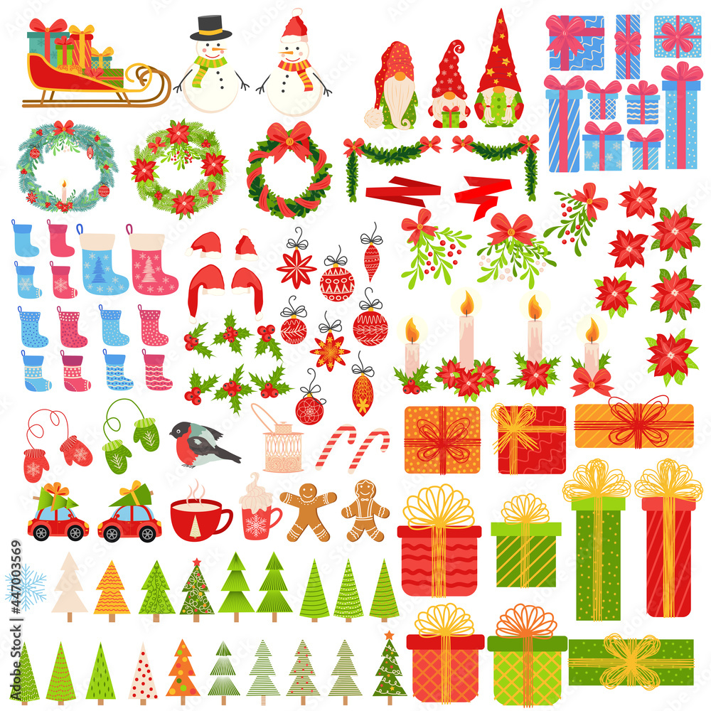 Big set of Christmas elements hand drawn. Gifts, stockings, Christmas trees, gnomes, candies, wreaths and other symbols of the New Year and Christmas Big set of Christmas elements hand drawn. Gifts, stockings, Christmas trees, gnomes, candies, wreaths and other symbols of the New Year and Christmas