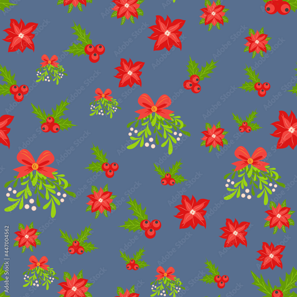 Seamless pattern with hand drawn poinsettia flowers and floral branches and berries, mistletoe, christmas florals Seamless pattern with hand drawn poinsettia flowers and floral branches and berries, mistletoe, christmas florals